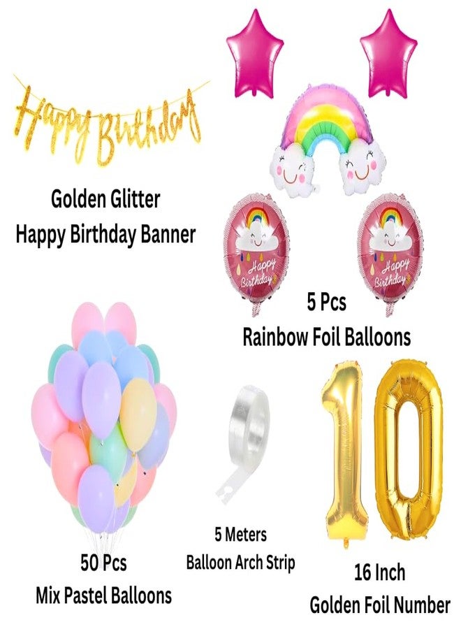 Flyloons Paper, Latex Rainbow Theme 10th Birthday Decorations Kit Girls Boys Kids For 10 Year With Number Rainbow Star Pink Purple Yellow Blue Green Pastel Balloons Happy Birthday Gold Banner, 59 Pcs - Image 2